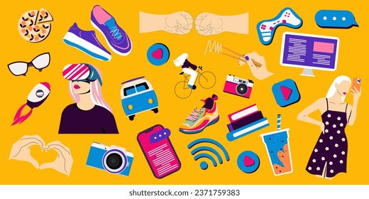 Set of elements for design. Millennials, generation Z, youth, youth subculture. Isolated vector. Set of icons, set of stickers.