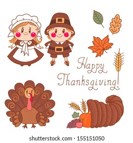 Set of elements for design on Thanksgiving Day. Vector illustration.