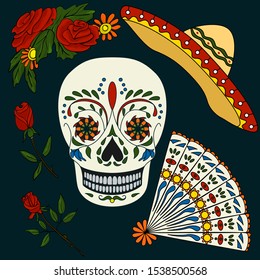 Set of elements for design on a theme - Day of the Dead. Stock Photo - decorated with skull, sombrero, fan, red rose on a dark background.