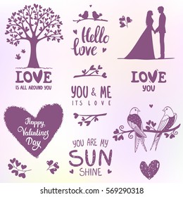 Set of elements for design on Valentines Day or wedding. Beautiful romantic silhouette. Vector illustration