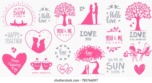 Set of elements for design on Valentines Day or wedding. Beautiful romantic silhouette. Vector illustration