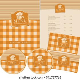 set of elements for design pub with a checkered tablecloth, wooden planks and glass of beer