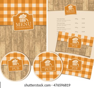 set of elements for design pub with a tablecloth with wooden planks and glass of beer