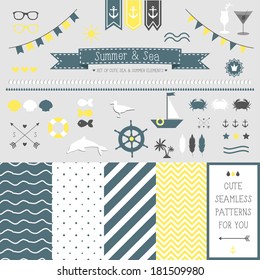 Set of elements for design. Sea and summer. The kit includes ribbons, bows, anchor, hearts, arrows and striped vector patterns