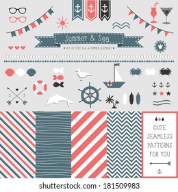 Set of elements for design. Sea and summer. The kit includes ribbons, bows, anchor, hearts, arrows and striped vector patterns