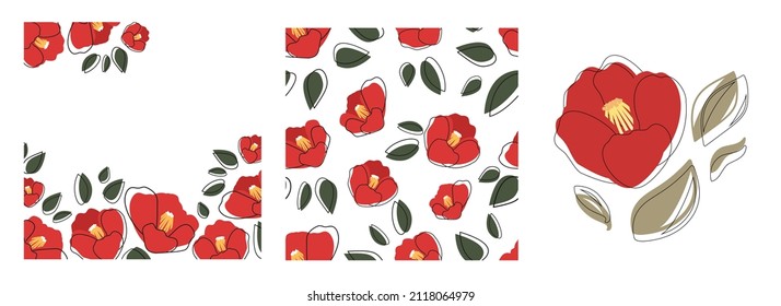 Set of elements for design. Seamless vector pattern of red Japanese camellia and petals on a white background. Hand-drawn flowers. Template for typography, wallpaper, print. Floral illustration.