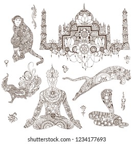 A set of elements for design, symbolizing India. Silhouettes decorated with Indian patterns.
