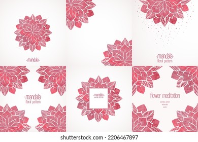Set of elements for design, templates or backgrounds, frames with watercolor floral pattern, pink flower mandala
