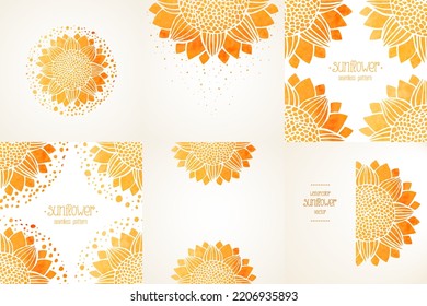 Set of elements for design, templates or backgrounds, frames with watercolor stylized sunflowers