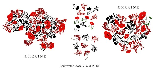 Set of elements for design: Ukrainian ornament. The set includes an illustrated map of Ukraine, a heart, separate elements for a pattern. The set is suitable for the design of posters, postcards.