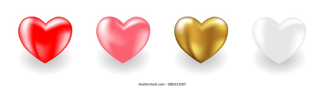 Un conjunto de elementos para el diseño del día de San Valentín, boda, evento romántico. El corazón rojo, rosa, dorado y blanco en forma de globo. Imagen vectorial.