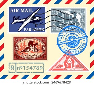 Set of elements for designing mail envelope. Color vector illustration.