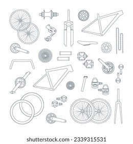 Set of elements, details, components, parts of mtb, gravel, road bikes in doodle line style. Fork, wheels, chain, frame, crank, pedals. Isolated outline vector illustration