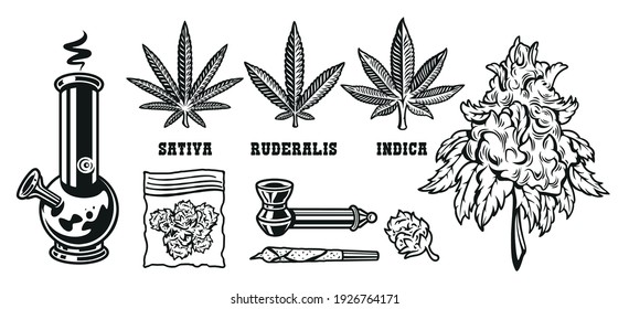 Set-Elemente für das Rauchen von Marihuana-Blättern auf weißem Hintergrund