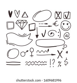 A set of elements for a diary, diary, Notepad. Cute hand drawn Doodle frames, banner, arrows, marker, emoticons, Doodle. A hand-drawn set of icons and symbols for the diary. Isolated on a white set.