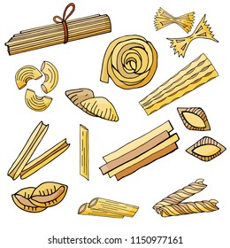 Set of elements of different kinds of pasta on a white background