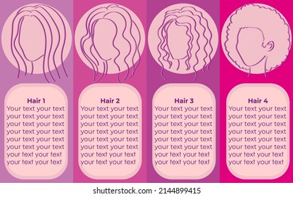 set of elements different types of hair straight, wavy, curly, afro with description. Banner with a pink background for magazines, books, website, booklets, placards, informational posters