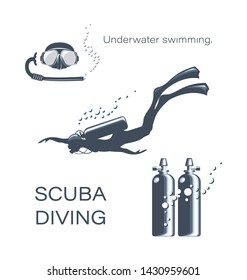 Set of elements for diving. Scuba diver woman in wetsuit, scuba, accessories. Underwater activities and sporting goods are isolated. Collection of snorkeling equipment. Vector illustration isolated 