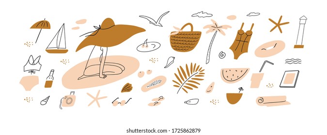 

Conjunto de elementos en estilo doodle. Chica en un sombrero en la playa. Artículos marinos, ropa, frutas, cócteles