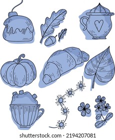 Set of elements in doodle style. Pumpkins, cocoa with marshmallows, autumn leaves, dried flowers, croissant, acorns and other autumn details. Color cute illustration for website, menu, party