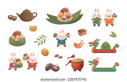 Set of elements for the Dragon Boat Festival, Chinese and Taiwanese festivals, rice dumplings and rabbits and boats with dragons, traditional culture