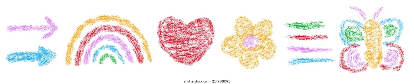 Set of elements drawing by crayon. Childlike picture of rainbow and butterfly