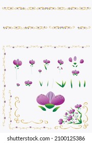 Eine Reihe von Elementen für die Erstellung einer Ecke dekorative Ornament mit violetten Blumen. Goldwiederholende Muster mit Blumendesigns. Digitale Vektorgrafik. Farbverlauf
