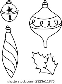 Set of elements drawn in doodle style for New Year and Christmas. Christmas decorations, bell, holly leaves.