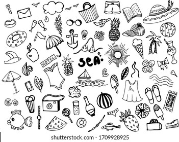 A set of elements drawn manually using a liner. Vector illustration. Summer set of women's clothing, shoes. Everything for rest and relaxation. Sun, sea, fruit, food, drinks.