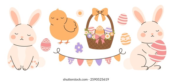 Set of elements for Easter. Bunnies, basket of flowers, Easter eggs, chicken, flags. Flat vector illustration.