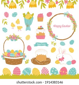 Set of elements for the Easter holiday. Basket, Easter cake, wreath, bouquet, egg, chickens, rabbit. Items isolated on a white background. Vector illustration in the style of hand drawn flat