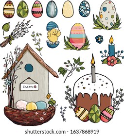 Set of elements for the Easter holiday. Eggs, flowers, twigs, decorative Easter bird feeder, Easter cake , candle.