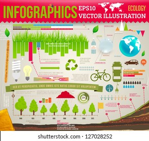 Set elements of ecological infographics for eco design with trees, grass, water, lamps and leafs, eps 10 vector illustration