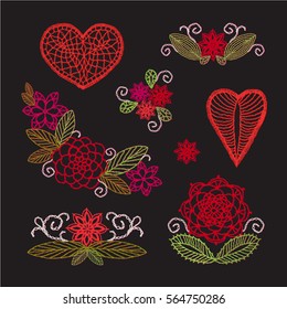 Set elements embroidery, applique lace with flowers and leaves, crocheted hearts, handmade, made with love