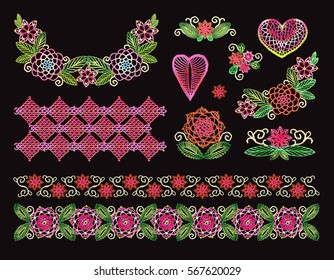 Set elements embroidery, applique lace with flowers and leaves, crocheted hearts, handmade, made with love