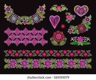 Set elements embroidery, applique lace with flowers and leaves, crocheted hearts, handmade, made with love