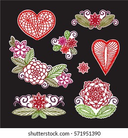 Set elements embroidery, applique lace with flowers and leaves, crocheted hearts, handmade, made with love