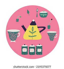 Set of elements for enjoying tea time including teapot, tea cups, sugar jar, teabag, tea leaves, spoon, jars with tea. Flat vector illustration in hand drawn style.