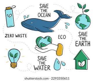 Set of elements of environmental problem, green energy saving in doodle style. Environment and ocean conservation concept. Vector illustration