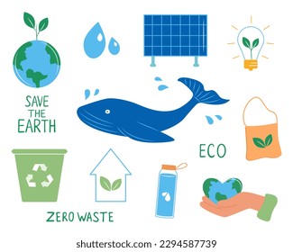 Set of elements of environmental problem, green energy saving. Environment and ocean conservation concept. Vector illustration