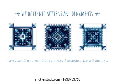 A set of elements of ethnic ornaments for wide use - tile, cover, card, invitation, pillow and much more. Beautiful shades of blue.