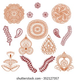Set of elements in the ethnic style of drawing henna isolated on white background. Vector illustration.