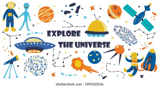 Set of elements explore the universe. Hand drawn vector colorful isolated illustration. Meteorite, artificial satellite, planet, nebula, milky way, astronaut and alien, rocket and UFO. Collection