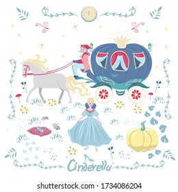 Set of elements of a fairy tale Cinderella isolated on a white background. Vector graphics.
