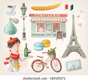 Set of elements, famous buildings and decorations from Paris, France