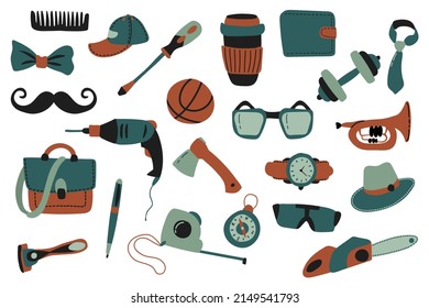 Set of elements for father's day. Drawn style. White background, isolate. Vector illustration.