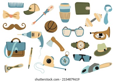 Set of elements for father's day. Drawn style. White background, isolate. Vector illustration.	