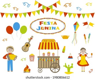 Set of elements for Festa Junina village festival in Brazil. Vector flat decoration.