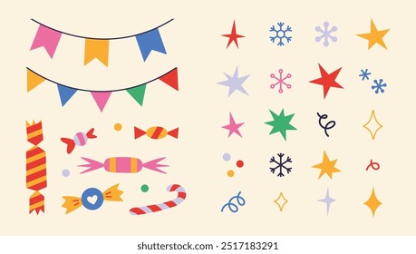 Set of elements for festive decoration such as garlands, stars, sparkles, snowflakes and sweets. Winter holidays, Christmas attributes. Trendy modern vector illustration, hand drawn, flat