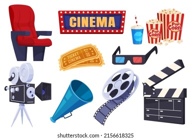 Set of elements of the film industry. Shooting and watching movies. Fun and exciting leisure. Vector illustration